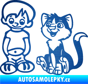 Samolepka Dítě v autě 097 levá kluk a kočka škrábaný kov modrý