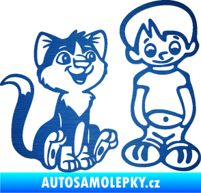 Samolepka Dítě v autě 097 pravá kluk a kočka škrábaný kov modrý