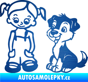 Samolepka Dítě v autě 099 levá holčička a pes škrábaný kov modrý