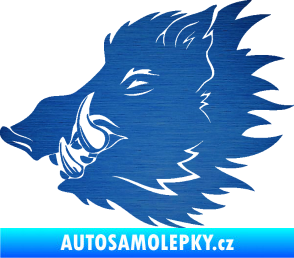 Samolepka Divoké prase 001 levá kanec hlava škrábaný kov modrý