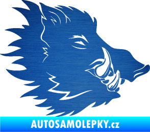 Samolepka Divoké prase 001 pravá kanec hlava škrábaný kov modrý