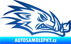 Samolepka Divoké prase 002 pravá kanec hlava škrábaný kov modrý