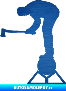 Samolepka Dřevorubec 004 levá sekera škrábaný kov modrý