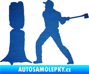 Samolepka Dřevorubec 005 levá sekat kmen škrábaný kov modrý