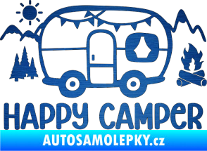 Samolepka Happy camper 002 pravá kempování s karavanem škrábaný kov modrý