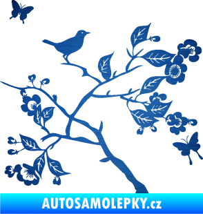 Samolepka Interiér 005 pravá  větvička s ptáčkem a motýlky škrábaný kov modrý