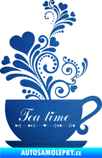 Samolepka Interiér 017 čas na čaj, hrníček s kytičkami škrábaný kov modrý