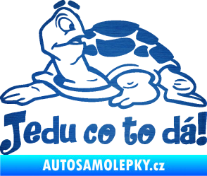 Samolepka Jedu co to dá! 001 levá nápis se želvou škrábaný kov modrý