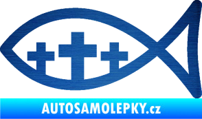 Samolepka Jesus rybička 005 tři kříže křesťanský symbol škrábaný kov modrý