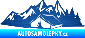 Samolepka Kempování 002 levá stan a hory škrábaný kov modrý