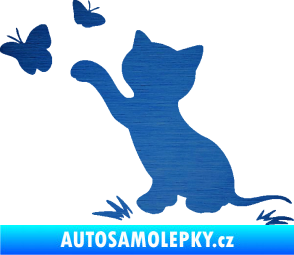 Samolepka Kočka 037 levá s motýlky škrábaný kov modrý