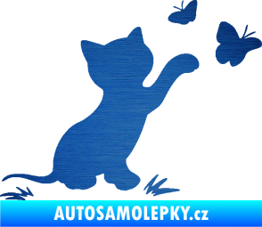 Samolepka Kočka 037 pravá s motýlky škrábaný kov modrý