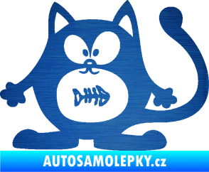 Samolepka Kočka 042 levá s rybou v bříšku škrábaný kov modrý