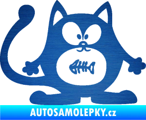 Samolepka Kočka 042 pravá s rybou v bříšku škrábaný kov modrý
