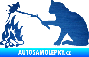 Samolepka Kočka s myší levá škrábaný kov modrý