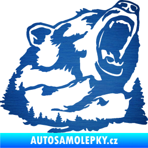 Samolepka Krajina hory 032 pravá les s medvědem škrábaný kov modrý