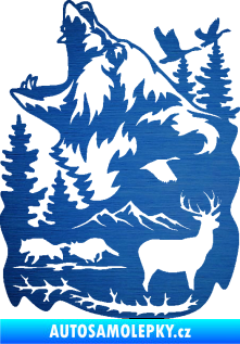 Samolepka Krajina hory 039 levá medvěd a lesní zvěř škrábaný kov modrý
