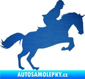 Samolepka Kůň 014 pravá skok s jezdcem škrábaný kov modrý