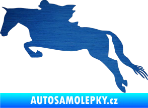 Samolepka Kůň 015 levá skok s jezdcem škrábaný kov modrý