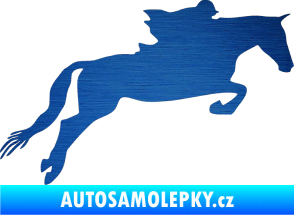 Samolepka Kůň 015 pravá skok s jezdcem škrábaný kov modrý