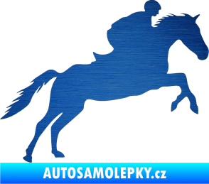 Samolepka Kůň 019 pravá jezdec v sedle škrábaný kov modrý