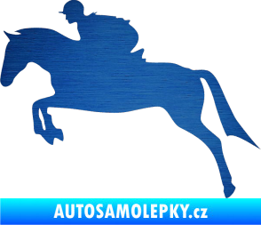 Samolepka Kůň 020 levá skok s jezdcem škrábaný kov modrý
