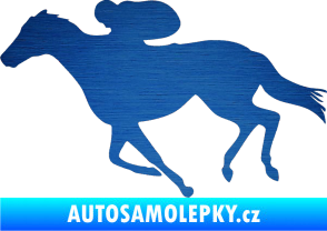 Samolepka Kůň 027 levá závodí s jezdcem škrábaný kov modrý