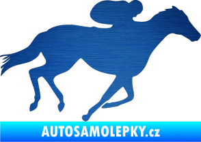 Samolepka Kůň 027 pravá závodí s jezdcem škrábaný kov modrý