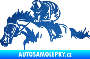 Samolepka Kůň 075 levá závod s jezdcem, dostihy škrábaný kov modrý
