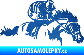 Samolepka Kůň 075 pravá závod s jezdcem, dostihy škrábaný kov modrý