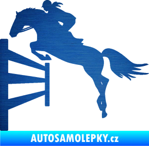 Samolepka Kůň 080 levá skok přes překážku škrábaný kov modrý
