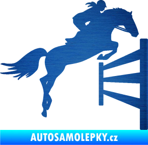Samolepka Kůň 080 pravá skok přes překážku škrábaný kov modrý