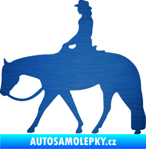 Samolepka Kůň 082 levá kovbojka na koni škrábaný kov modrý