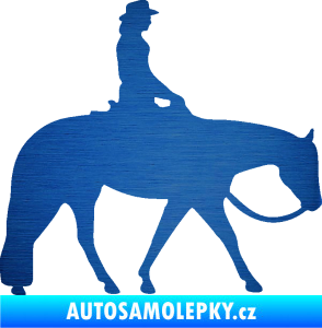 Samolepka Kůň 082 pravá kovbojka na koni škrábaný kov modrý