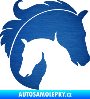 Samolepka Kůň 086 pravá kobyla s hříbátkem škrábaný kov modrý