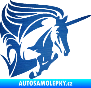 Samolepka Kůň jednorožec 001 pravá škrábaný kov modrý