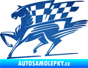 Samolepka Kůň racing 001 levá se šachovnicí škrábaný kov modrý
