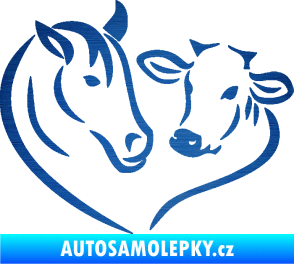 Samolepka Kůň s kravičkou v srdíčku levá láska ke zvířatům škrábaný kov modrý