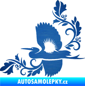 Samolepka Květina dekor 004 levá s ptáčkem škrábaný kov modrý