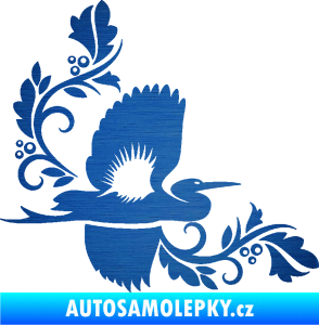 Samolepka Květina dekor 004 pravá s ptáčkem škrábaný kov modrý