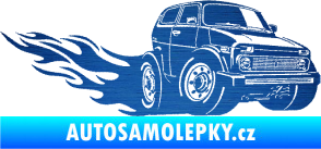 Samolepka Lada auto s plameny pravá škrábaný kov modrý