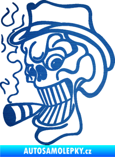 Samolepka Lebka 020 levá crazy s cigaretou škrábaný kov modrý