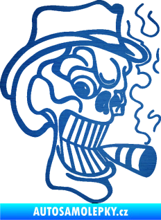 Samolepka Lebka 020 pravá crazy s cigaretou škrábaný kov modrý