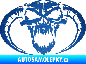 Samolepka Lebka 027 levá se zahnutými rohy škrábaný kov modrý