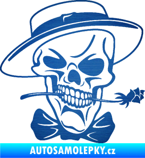 Samolepka Lebka 029 pravá s květinou škrábaný kov modrý