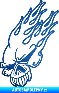 Samolepka Lebka 041 levá v plamenech škrábaný kov modrý
