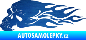 Samolepka Lebka 050 levá v plamenech škrábaný kov modrý