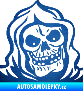Samolepka Lebka 057 pravá v kápi škrábaný kov modrý