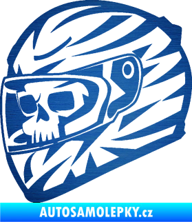 Samolepka Lebka s motohelmou 001 levá škrábaný kov modrý
