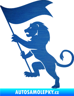 Samolepka Lev heraldika 005 levá s praporem škrábaný kov modrý
